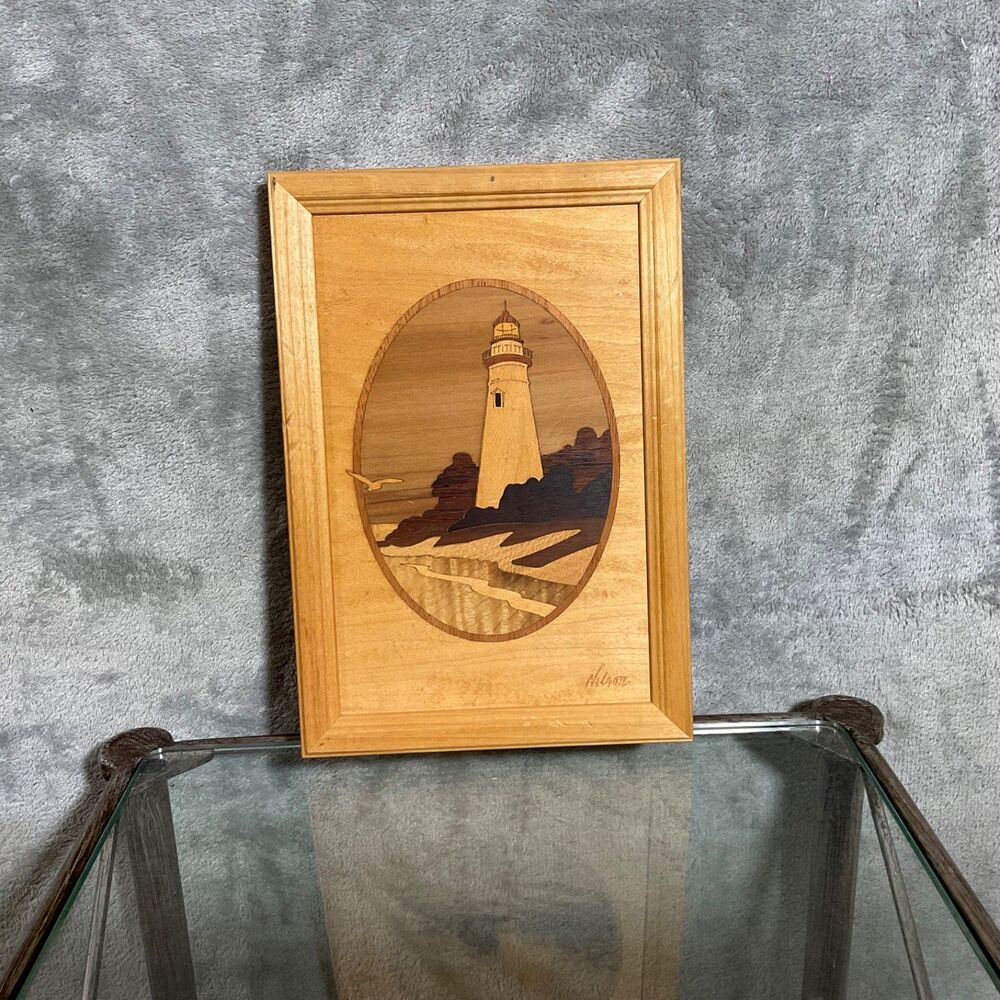 Hudson River Framed Wood Inlay Marquetry Lighthouse Picture Jeff Nelson artwork